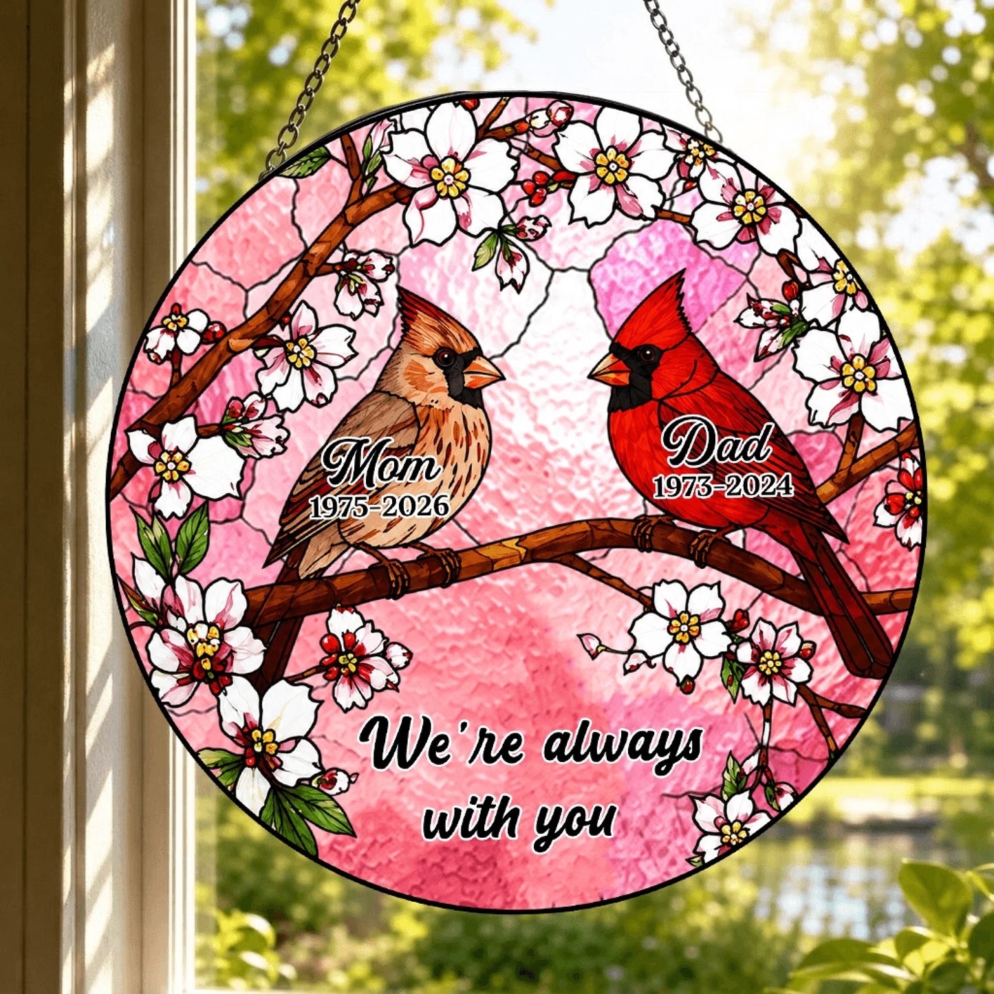 Round stained glass style cardinal suncatcher with custom Mom and Dad names and memorial years for loss of parents.