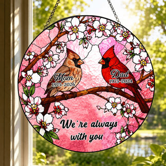 Round stained glass style cardinal suncatcher with custom Mom and Dad names and memorial years for loss of parents.