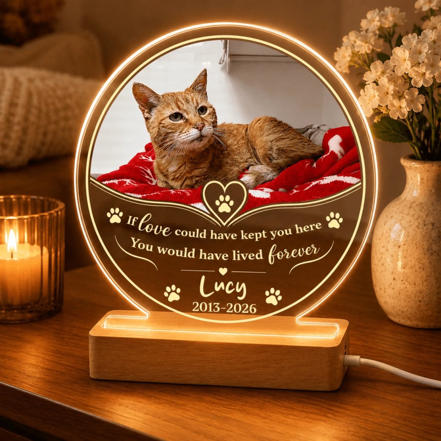 Custom cat memorial night light featuring a photo of Lucy, a heart, paw prints, and the loving quote If love could have kept you here.