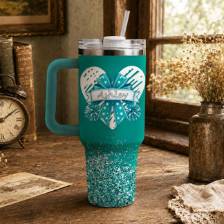 Custom teal glitter tumbler featuring a heart and cheer bow design with the name Ashley for school athletes.
