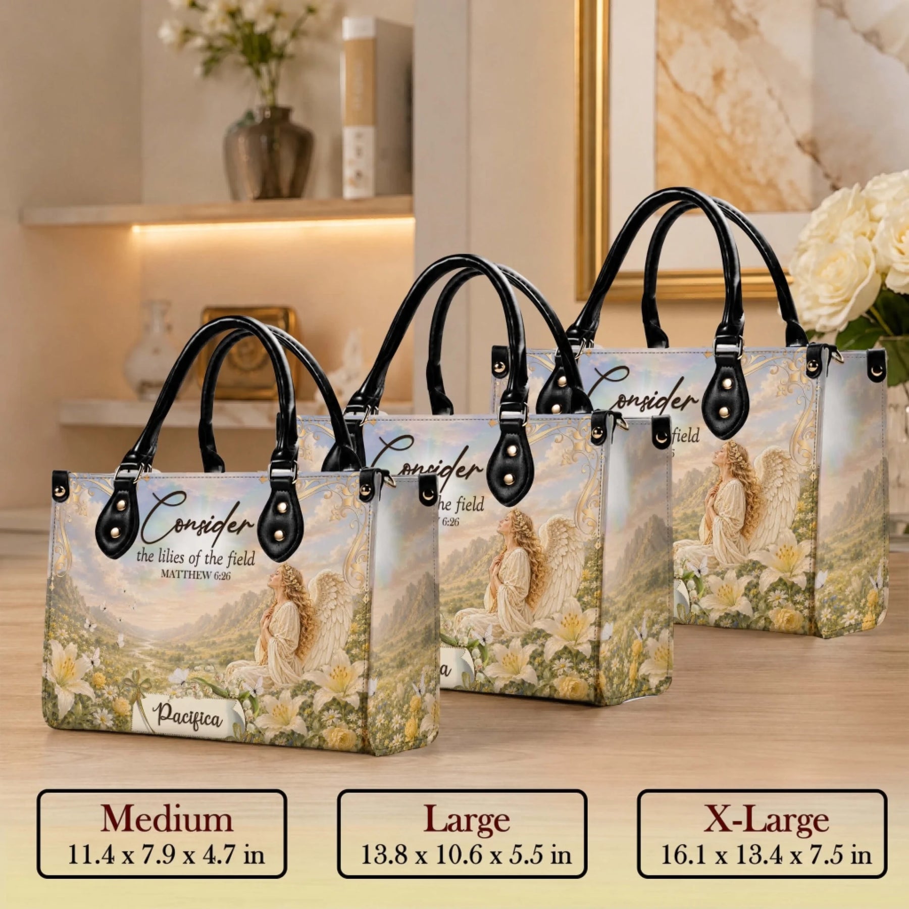 Three sizes of a personalized Consider the Lilies of the Field angel handbag with a custom name for a religious gift.
