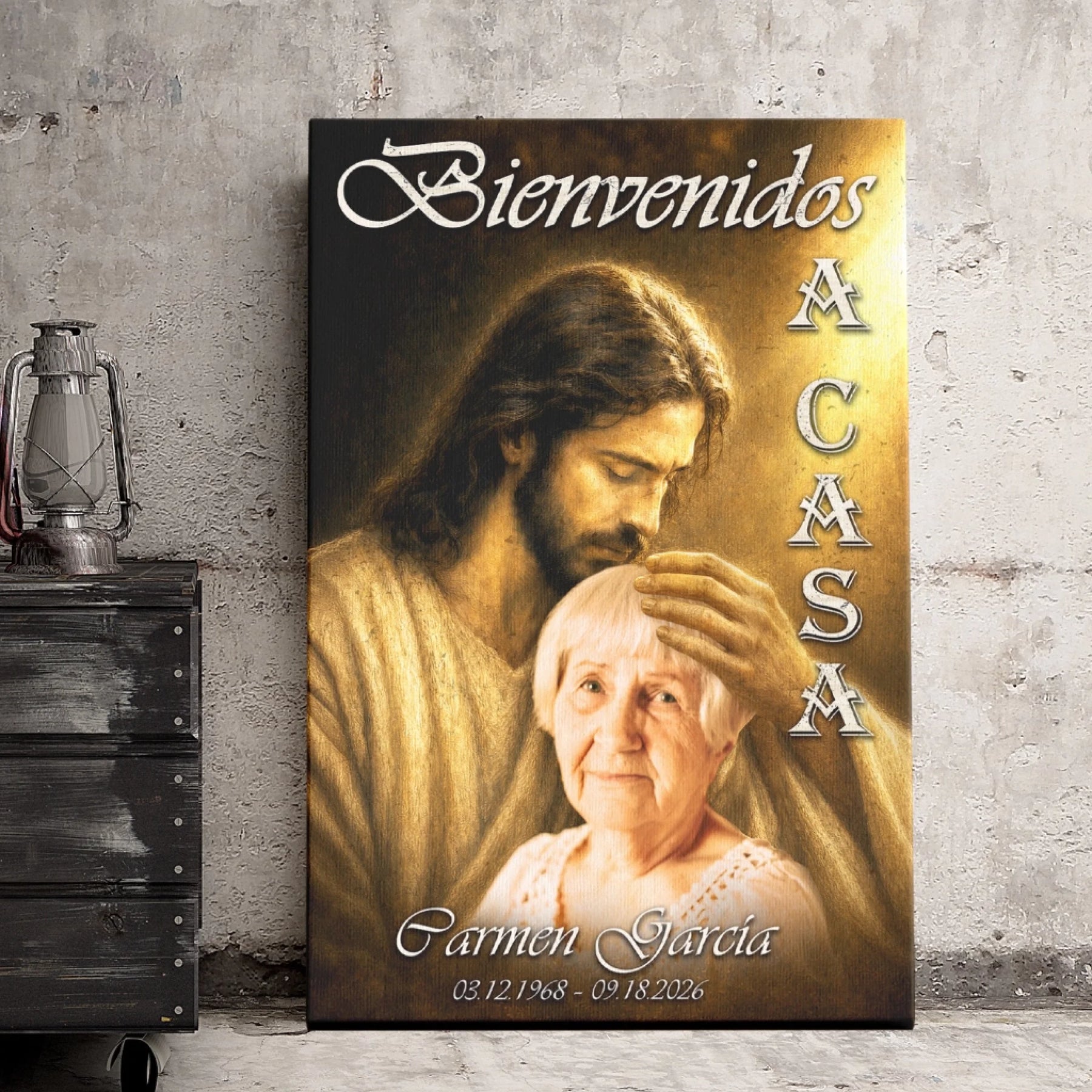 Customized bereavement canvas featuring Jesus embracing a woman as a comforting memorial tribute for a grieving family.