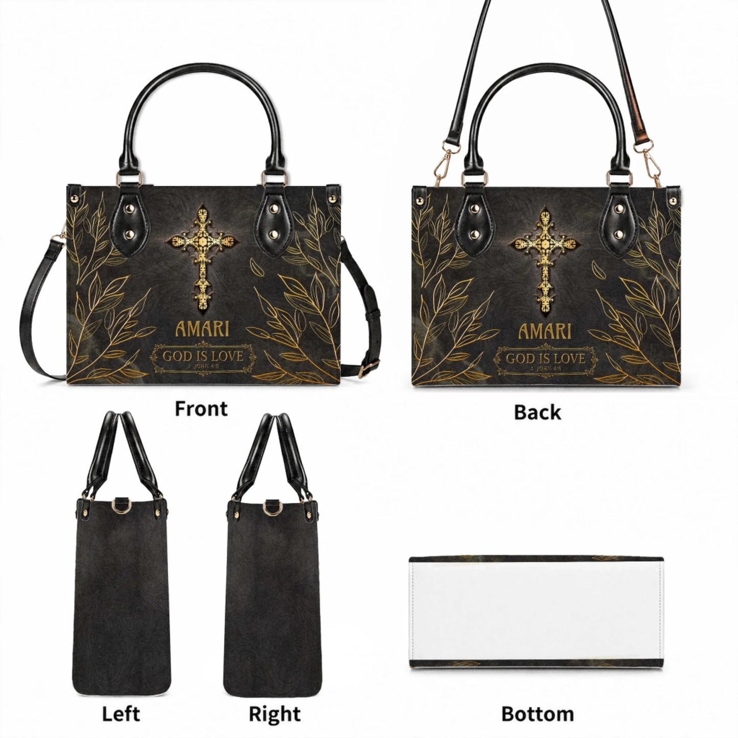 Customizable crossbody handbag featuring a gold cross and the scripture God Is Love 1 John 4 8 for religious gifting.