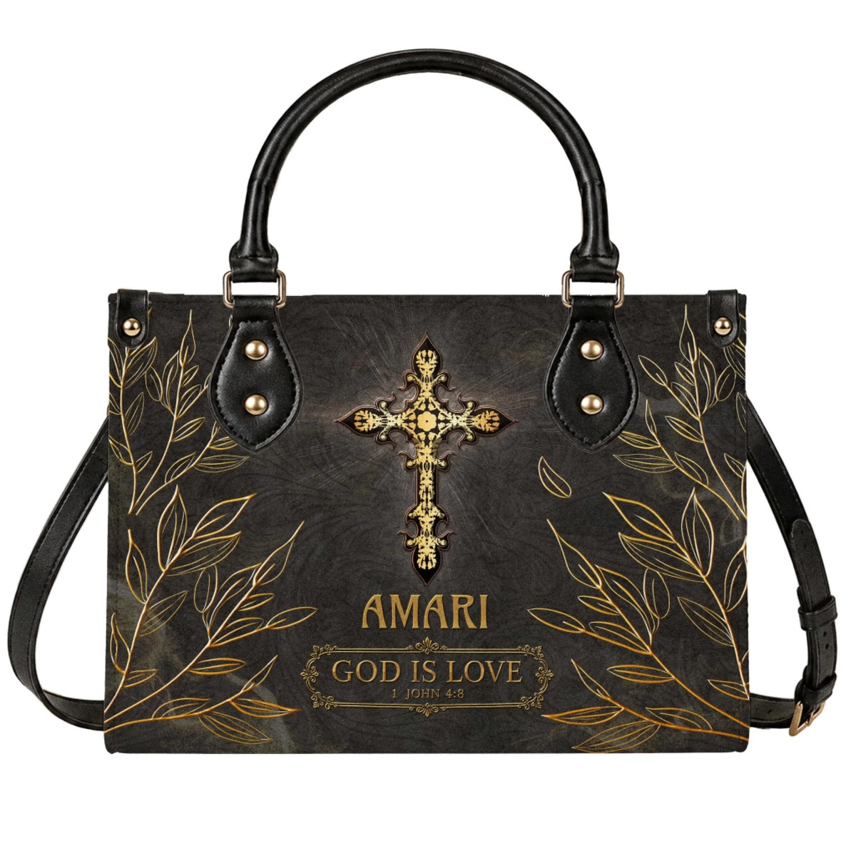 A stylish black leather tote bag featuring a gold decorative cross with the name Amari and the quote God is Love 1 John 4:8.