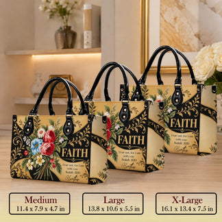 Three sizes of custom faith floral PU leather tote bags labeled as medium large and extra large with dimensions