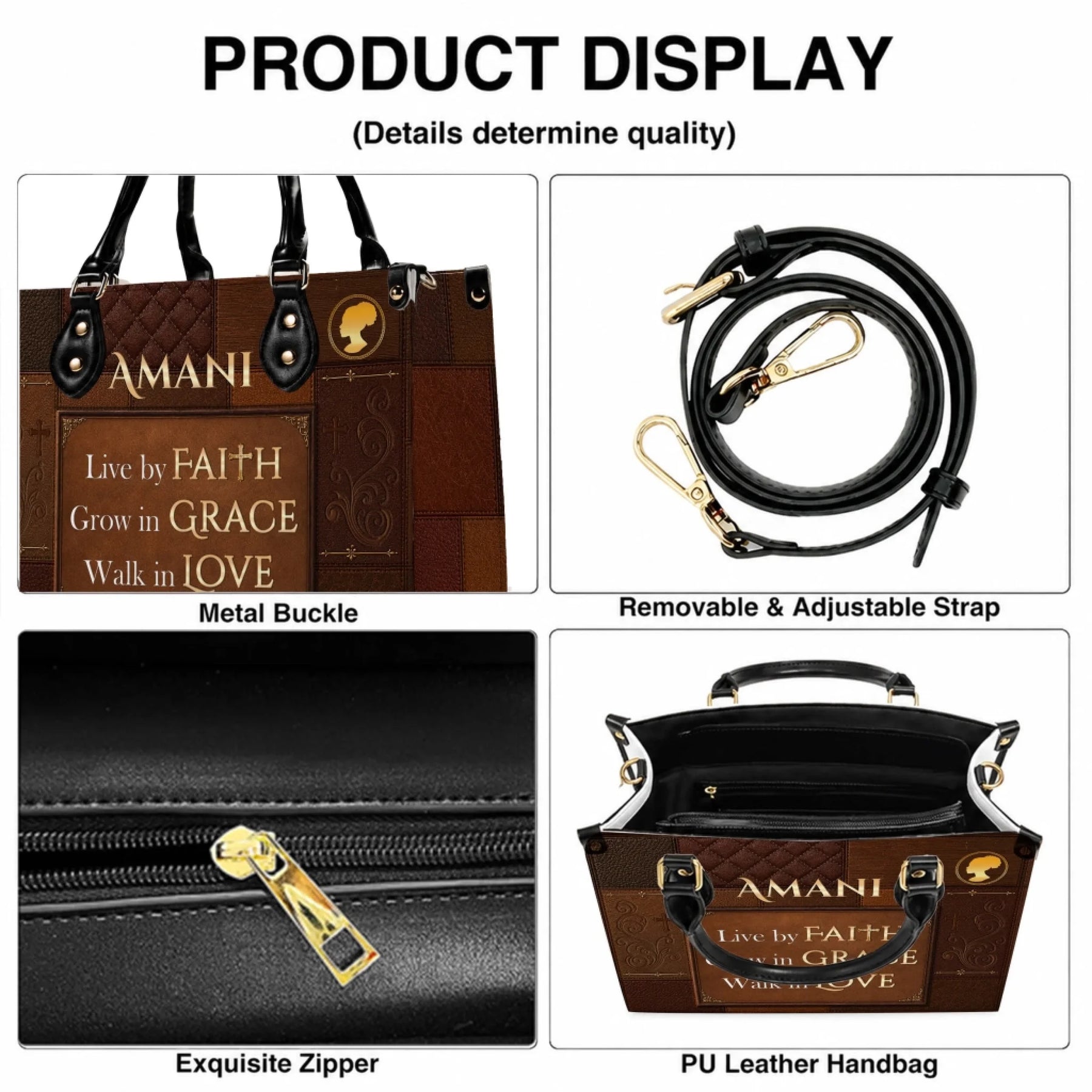 Product detail views of a personalized religious handbag featuring faith quotes, adjustable straps, metal buckles, and gold zippers.
