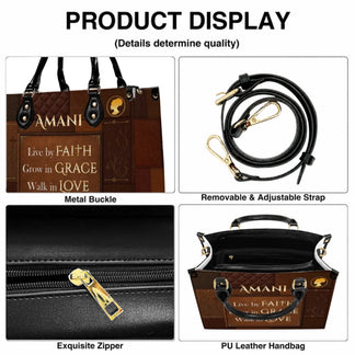 Product detail views of a personalized religious handbag featuring faith quotes, adjustable straps, metal buckles, and gold zippers.