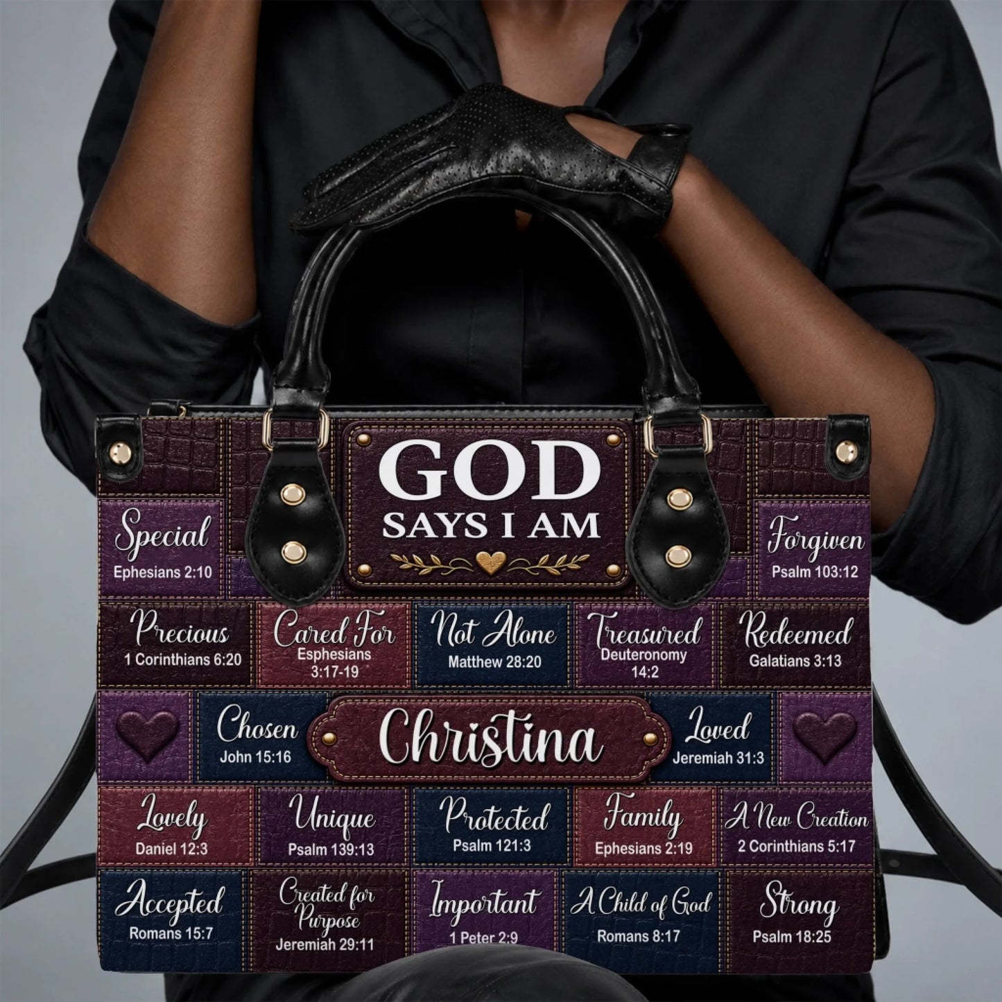 Woman holding a custom leather handbag with inspirational Bible verses and name, perfect religious gift for her.