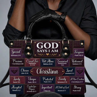 Woman holding a custom leather handbag with inspirational Bible verses and name, perfect religious gift for her.