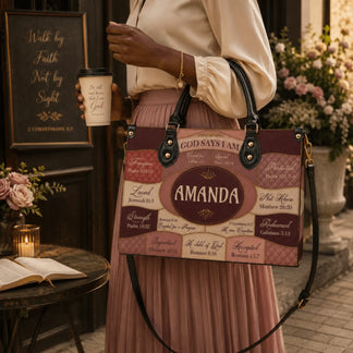 Stylish personalized handbag with bible verses and the name Amanda, shown alongside a coffee cup with christian quotes.