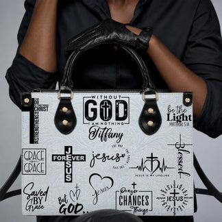 Fashionable personalized handbag featuring various Christian symbols and uplifting quotes for a faith focused gift.
