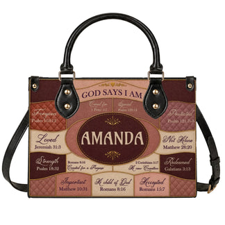 A personalized handbag featuring the name Amanda and inspirational Bible verses, perfect as a thoughtful faith-based gift.