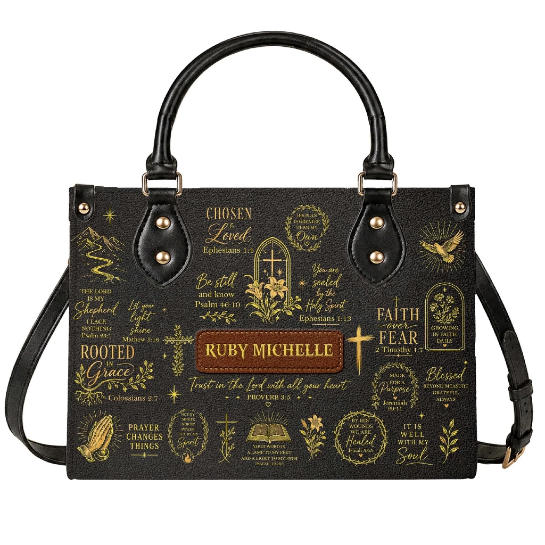 Black leather handbag featuring custom name Ruby Michelle, gold bible verses, and religious motifs for faith gifts.