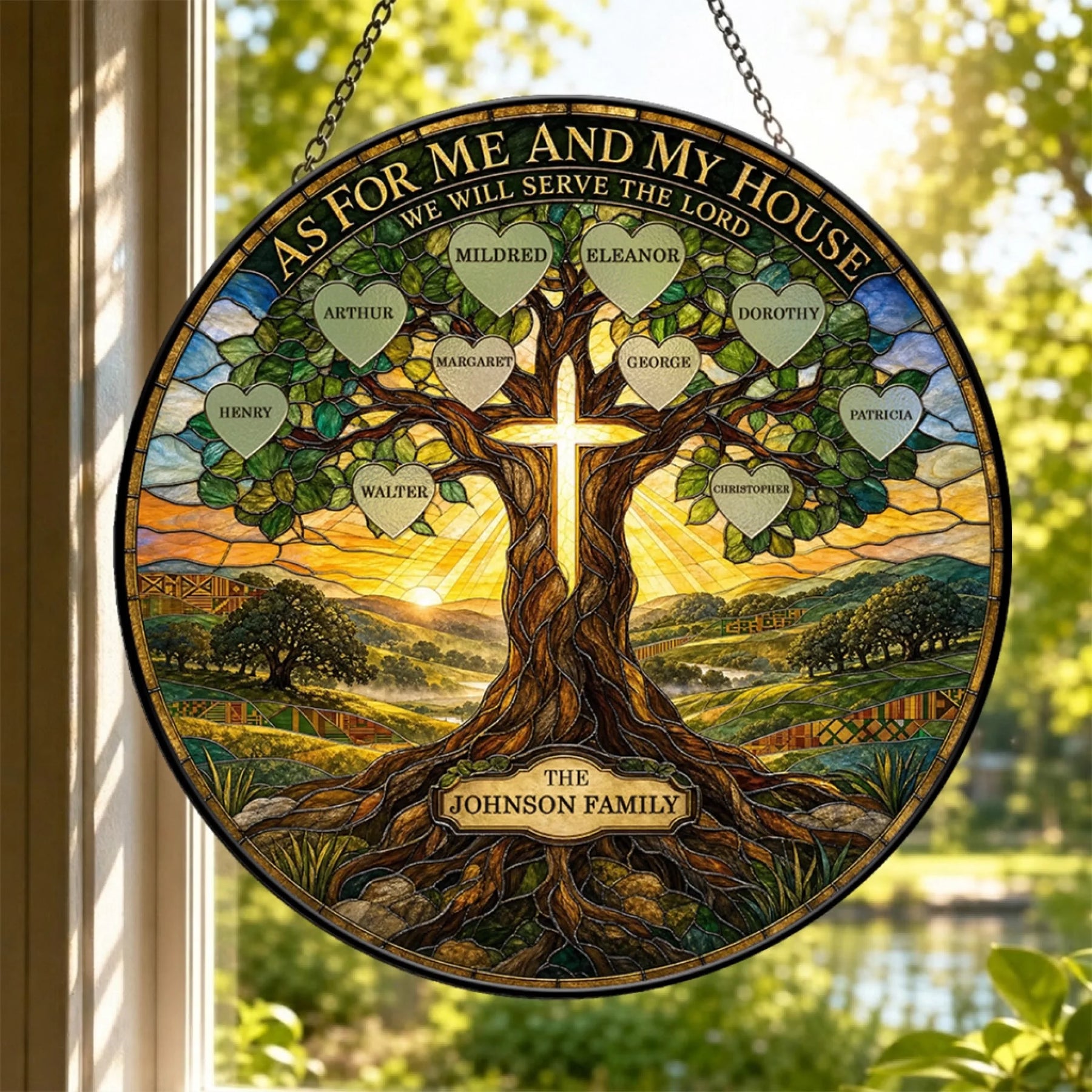 Faith-based personalized stained glass suncatcher with a cross, landscape background, and family names for spiritual decor.