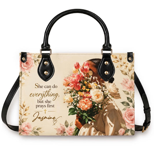 Personalized Christian floral handbag for women with custom name, faith quote and elegant black handles.