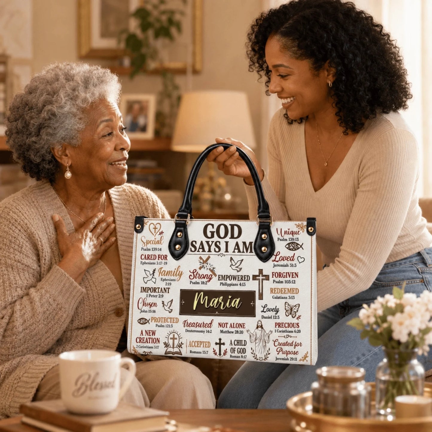 A woman gifting a personalized religious handbag with scripture quotes and the name Maria to an elderly grandmother.