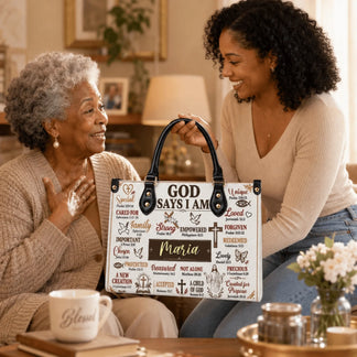 A woman gifting a personalized religious handbag with scripture quotes and the name Maria to an elderly grandmother.