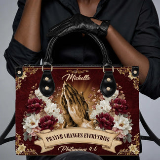 Personalized floral handbag featuring praying hands and the quote Prayer Changes Everything with Michelle custom name.