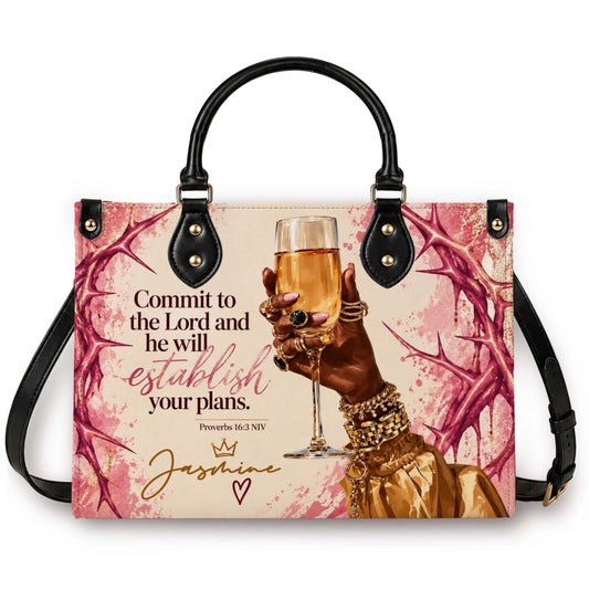 Personalized Christian handbag for women with custom name, Proverbs 16:3 Bible verse and elegant pink faith artwork.