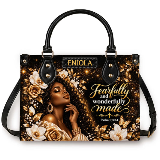 Personalized Christian handbag for Black women with custom name, Psalm 139:14 verse and black gold floral artwork.