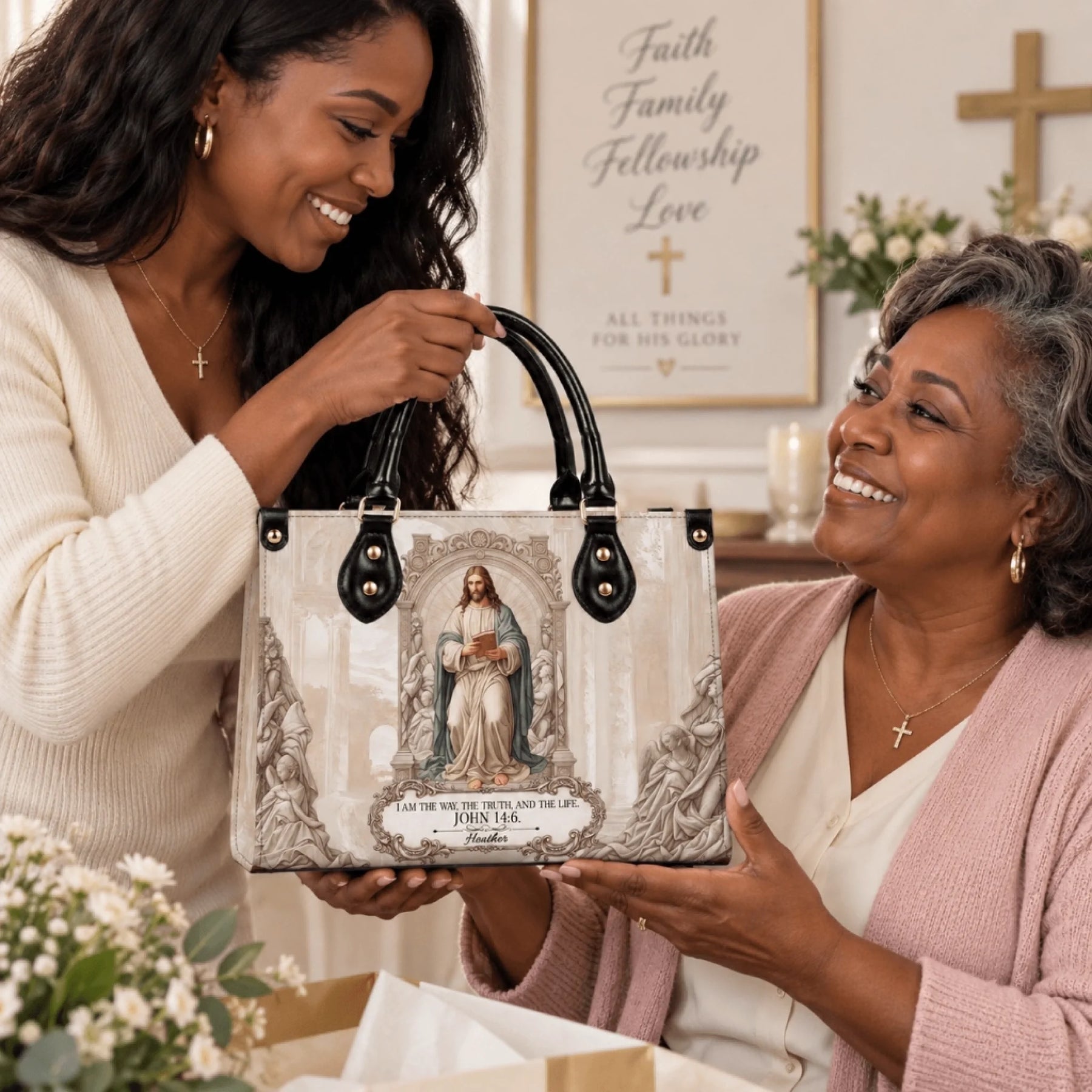 A woman gifting a personalized religious handbag with Jesus artwork and John 14 6 verse to a happy senior woman.