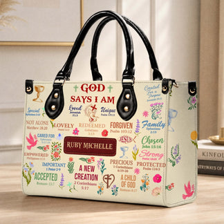 Personalized handbag featuring faith-based quotes and floral designs, custom named for a meaningful religious gift.