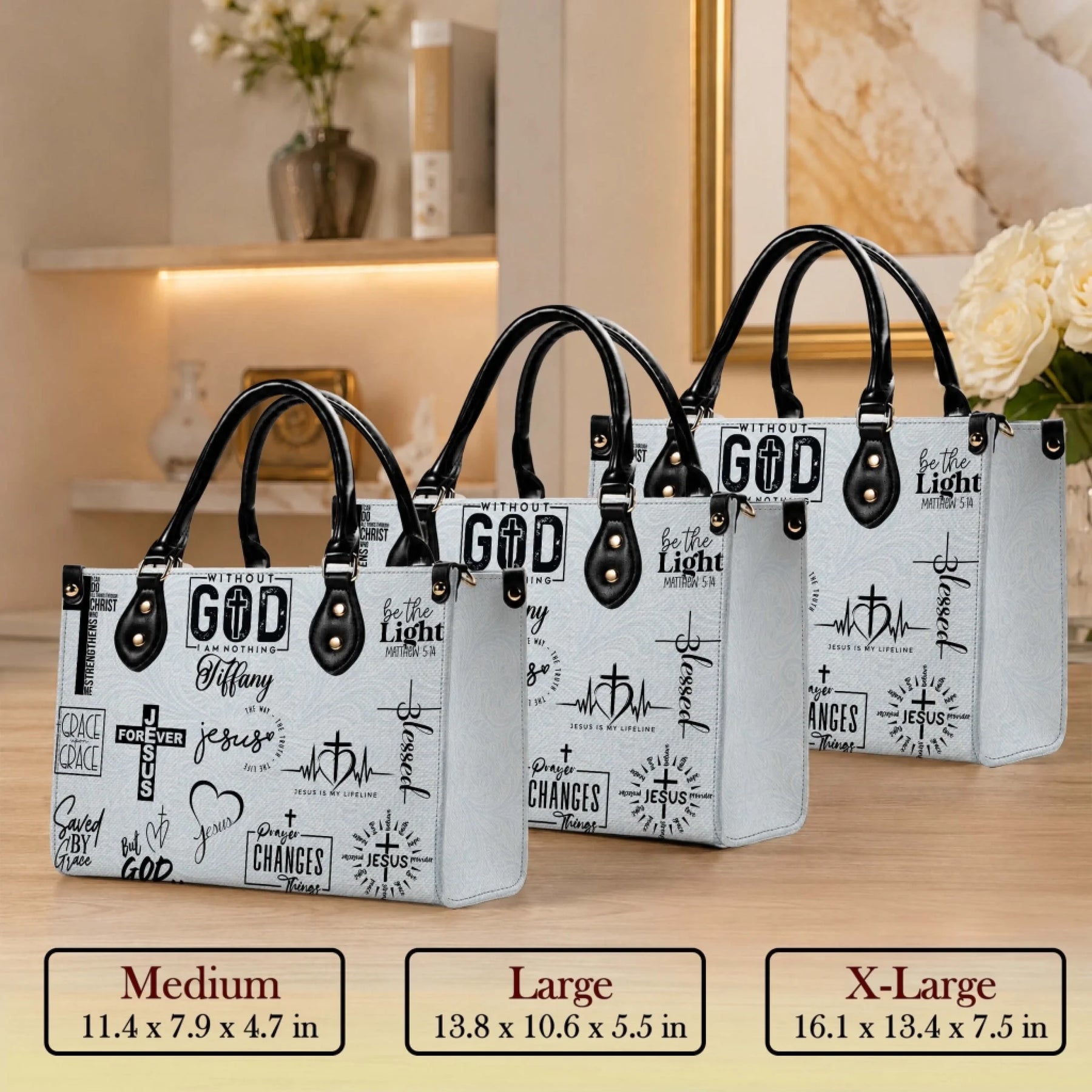 Set of three personalized Christian handbags available in medium, large, and extra-large sizes for faith-based gifting.