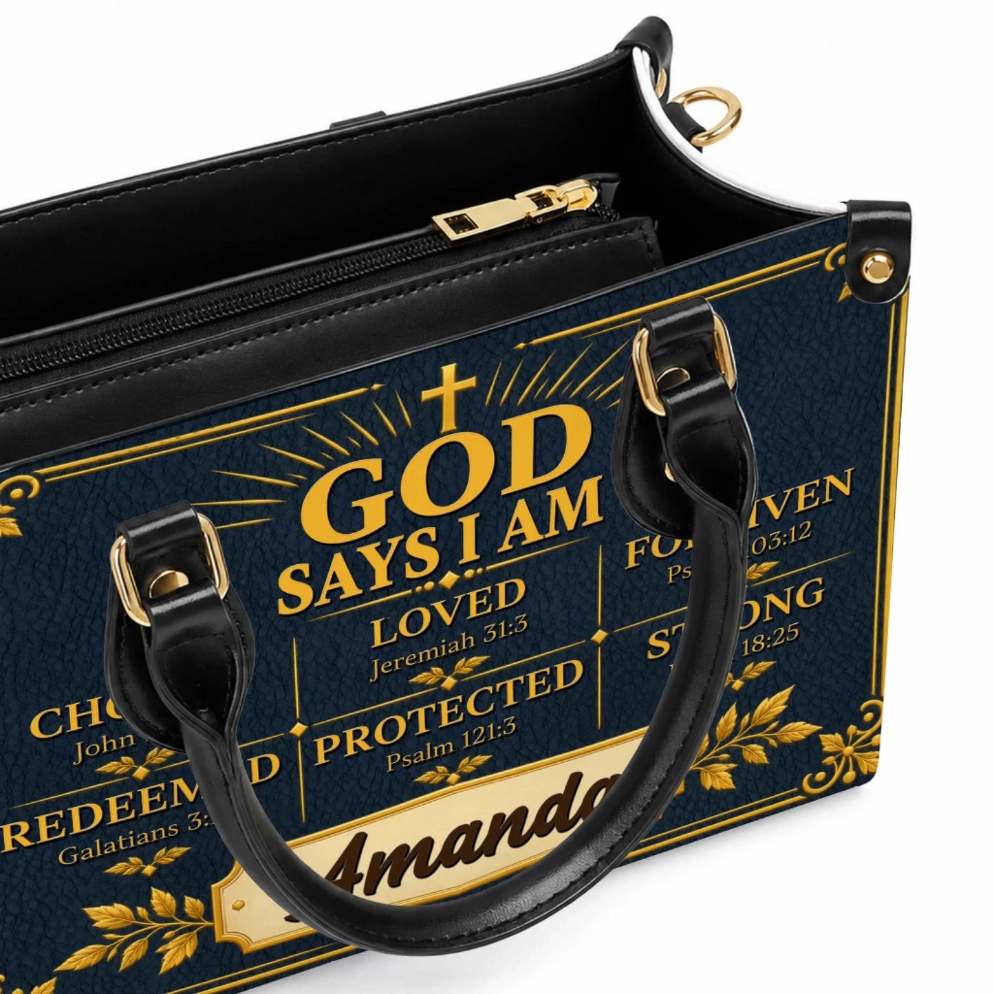 A navy blue personalized handbag featuring Bible verses and the name Amanda in gold, perfect for a faith-based gift.