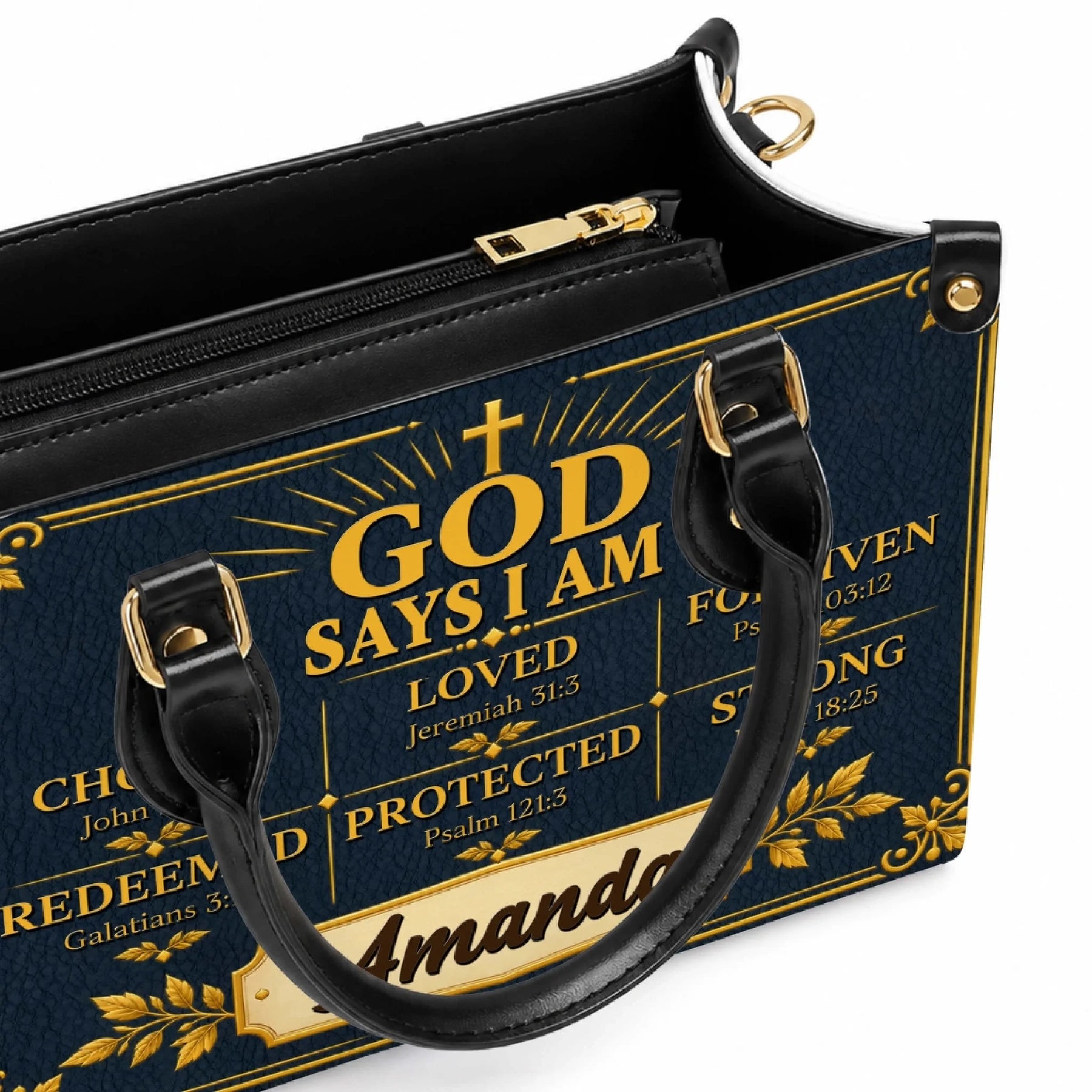 A navy blue personalized handbag featuring Bible verses and the name Amanda in gold, perfect for a faith-based gift.