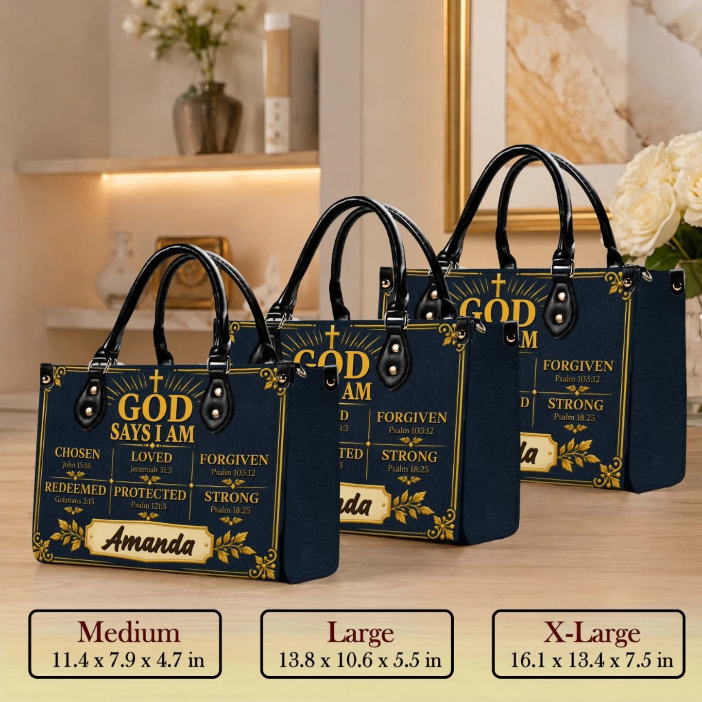 Three sizes of personalized Christian PU leather handbags featuring Bible verse designs and a custom name label.