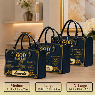 Three sizes of personalized Christian PU leather handbags featuring Bible verse designs and a custom name label.