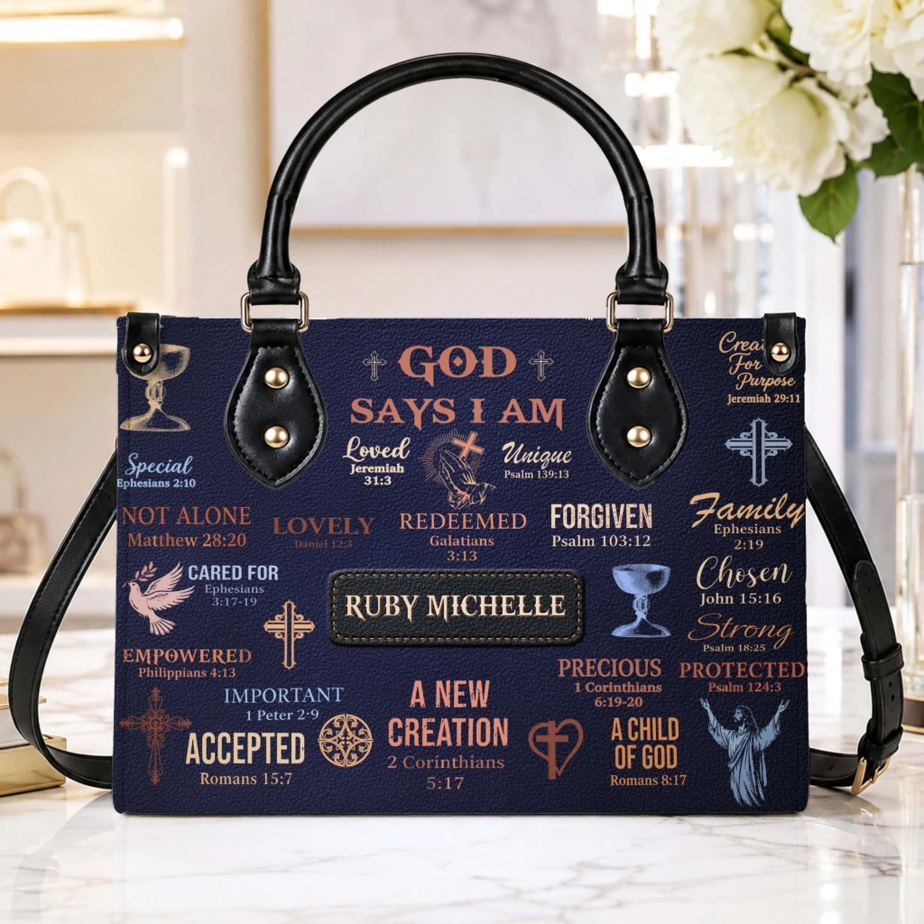 Custom name leather handbag featuring God Says I Am scripture verses, a religious theme gift for women and believers.