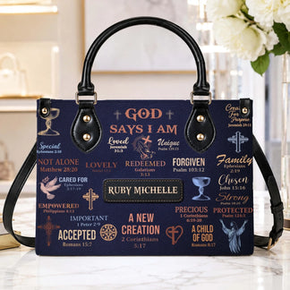Custom name leather handbag featuring God Says I Am scripture verses, a religious theme gift for women and believers.