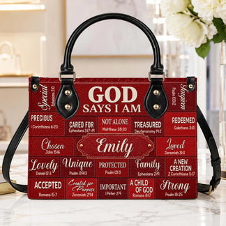 A high-quality personalized red leather bag decorated with scripture, featuring a custom name plaque for Emily.