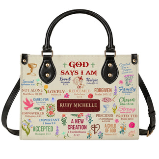Custom name PU leather handbag featuring God Says I Am scripture verses floral design perfect religious gift for women