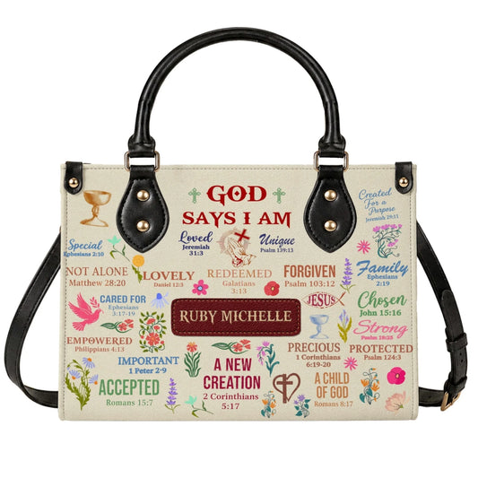 Custom name PU leather handbag featuring God Says I Am scripture verses floral design perfect religious gift for women