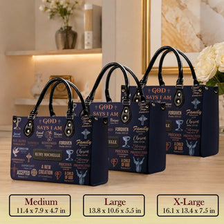 Set of three personalized Christian leather handbags in medium, large, and extra large sizes with scripture themes.