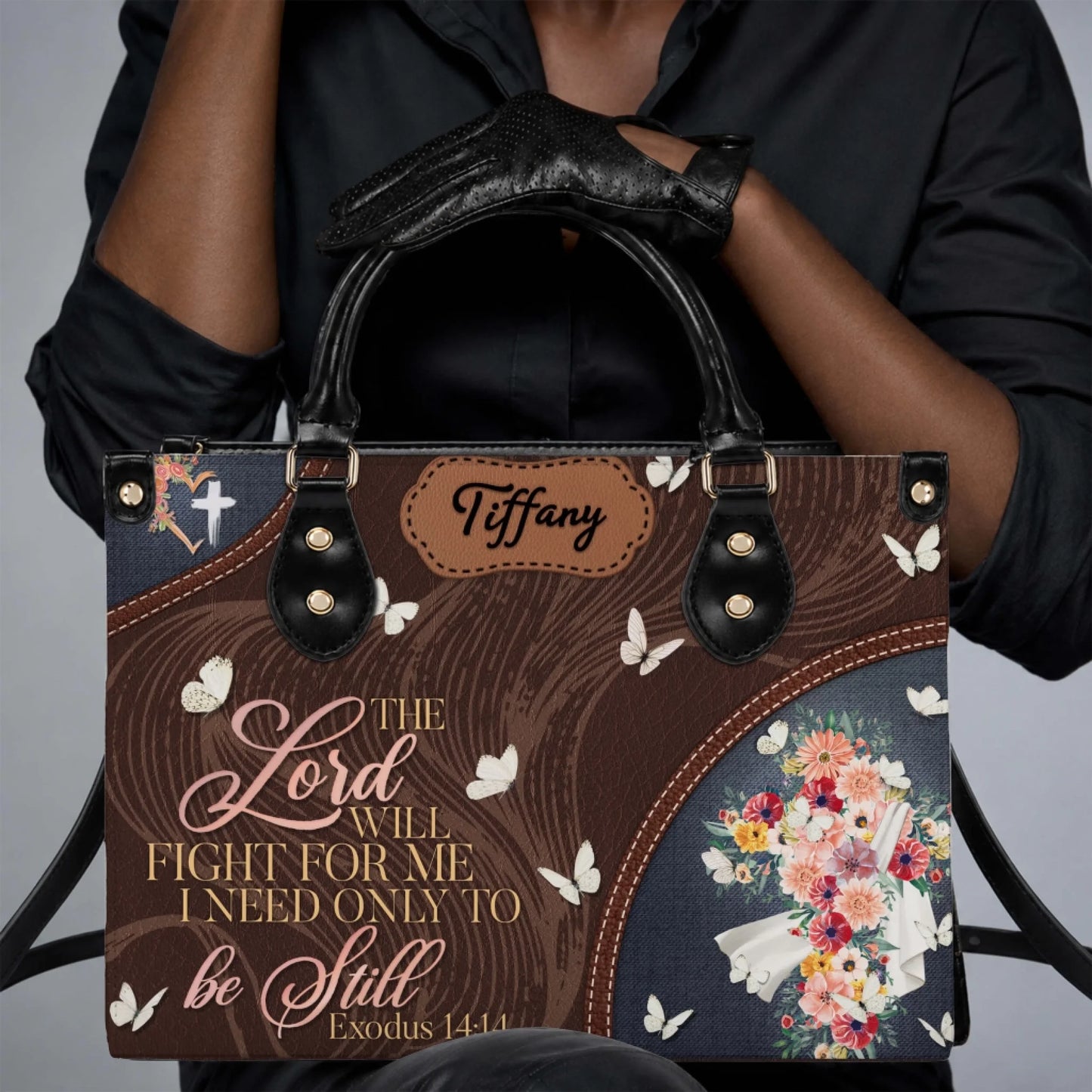 Custom name leather tote bag featuring a cross floral print and Exodus 14 14 bible verse for religious gift ideas.