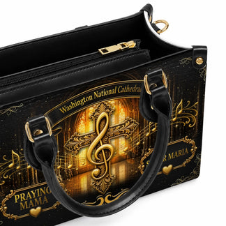 Custom handbag featuring a gold treble clef cross and the Washington National Cathedral for a religious music lover.
