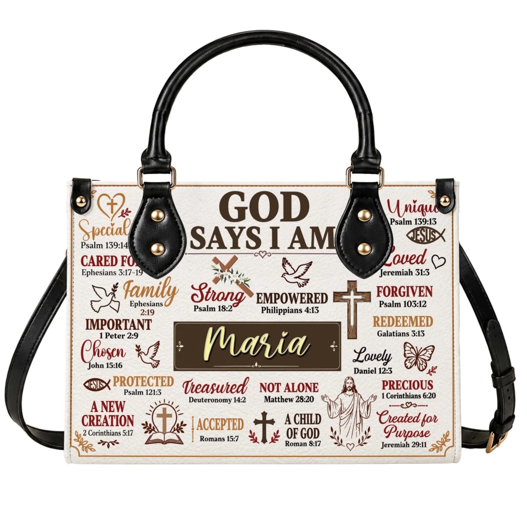 A white personalized handbag featuring religious symbols and the custom name Maria, perfect for a faith-inspired gift.