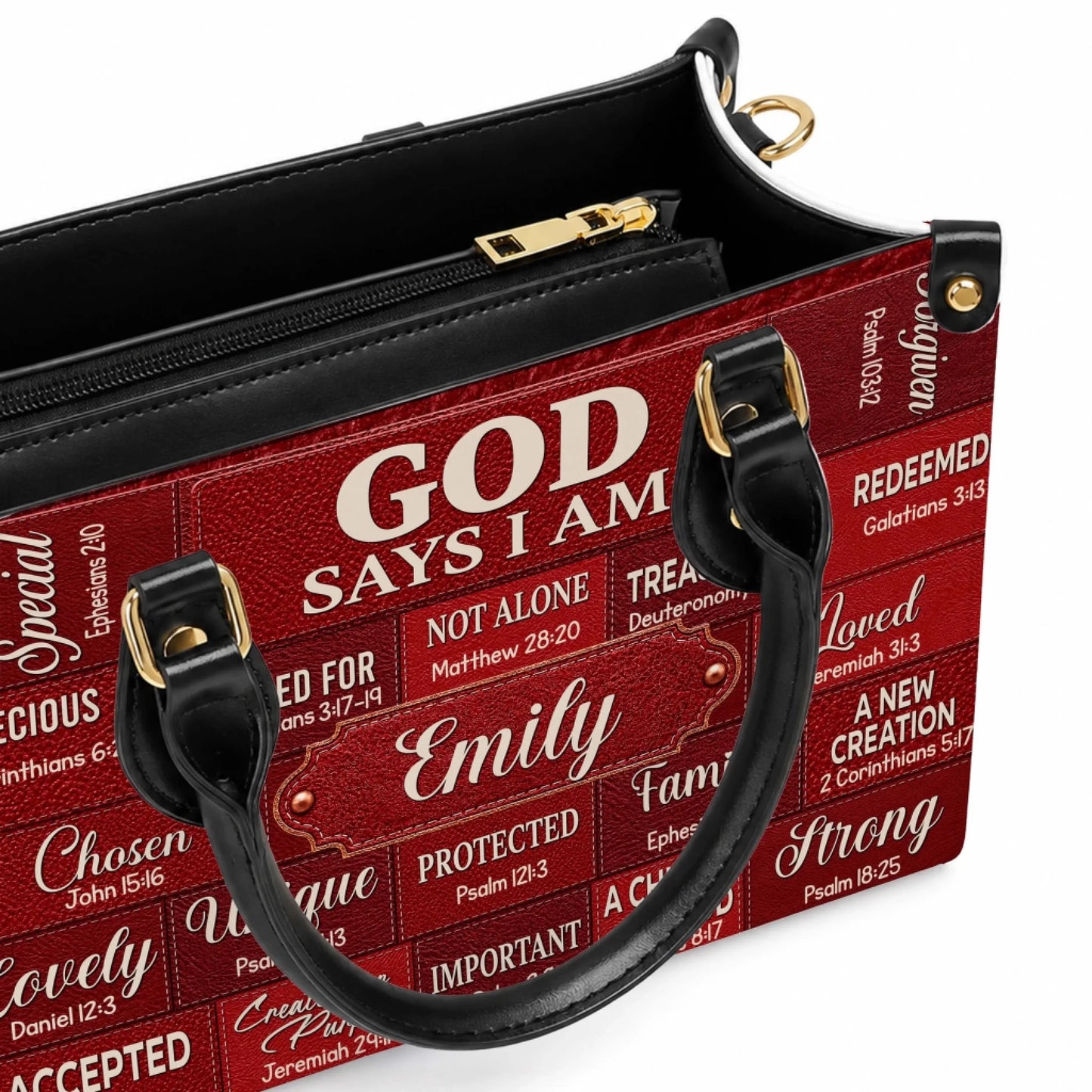 Custom Emily name leather handbag featuring God Says I Am scripture verses, an ideal faith-based religious gift.
