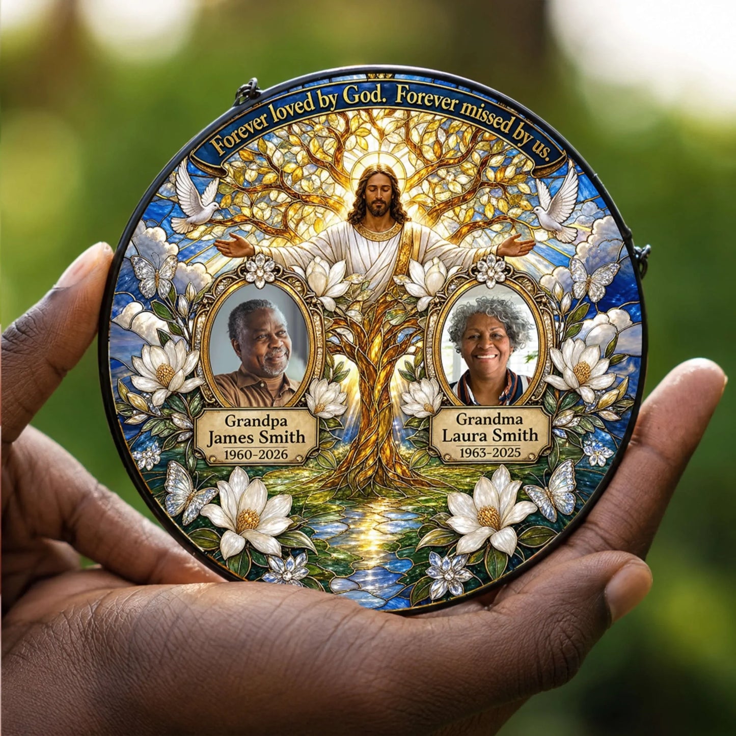 This custom memorial suncatcher displays portraits, names, and memorial dates, featuring Jesus in a stained glass style.