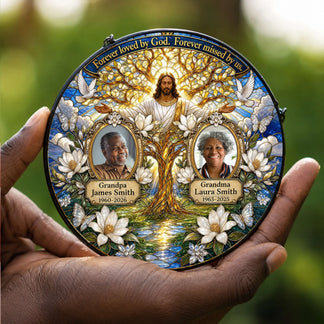 This custom memorial suncatcher displays portraits, names, and memorial dates, featuring Jesus in a stained glass style.