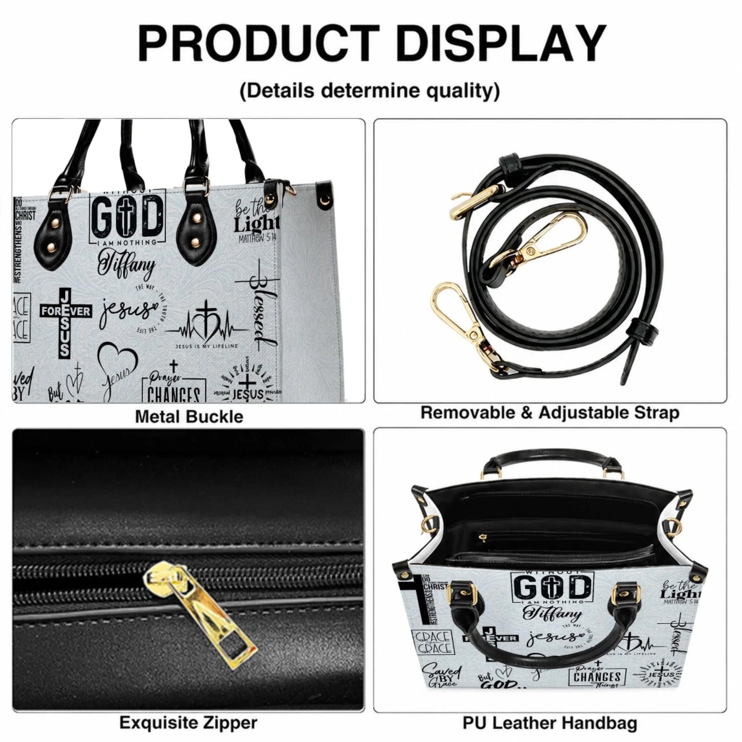 Detailed product views of a personalized Christian handbag showing the metal buckles, removable strap, and inner zipper.