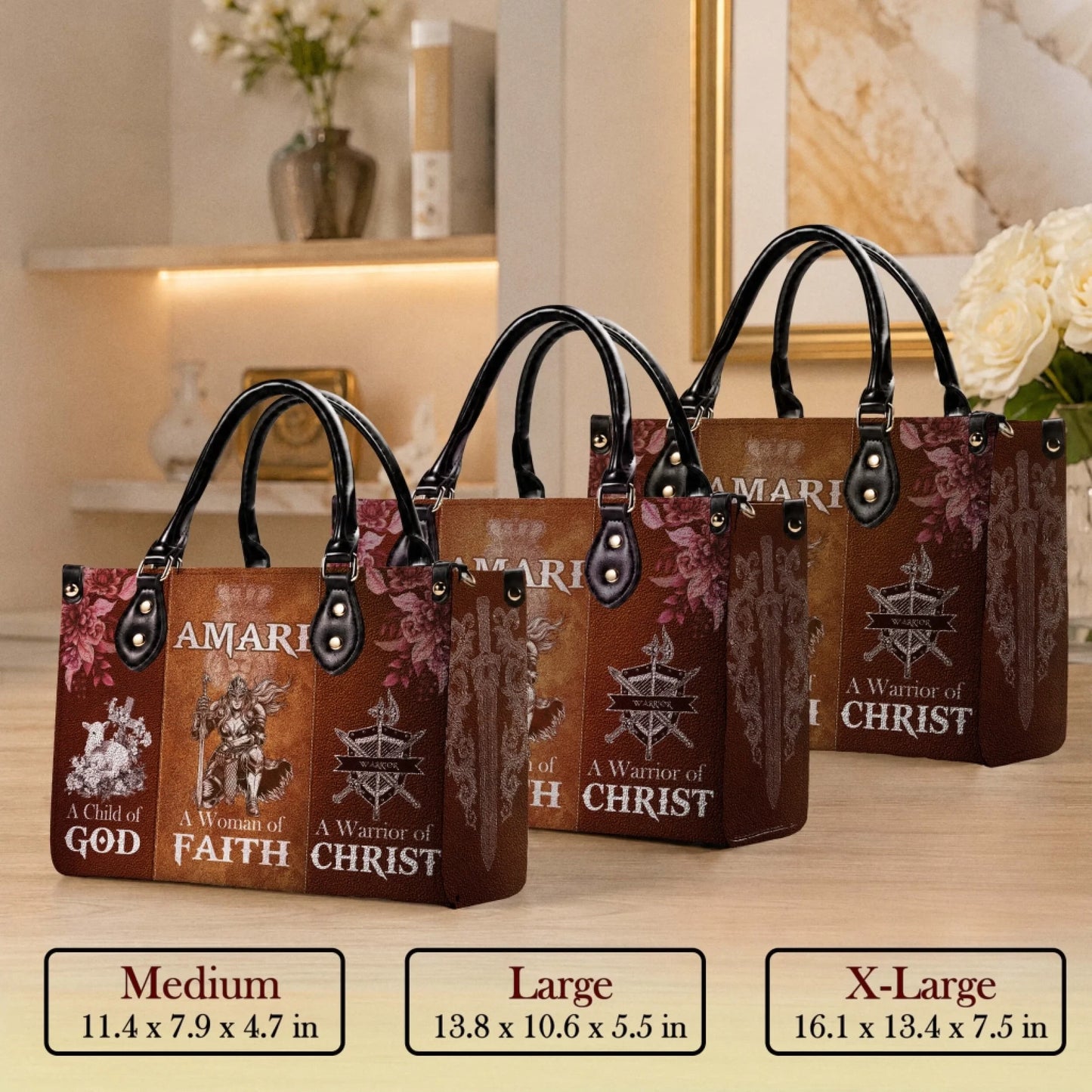 Personalized Amari handbag featuring a warrior of Christ theme with a cross, lamb, and armor design for religious gifts.