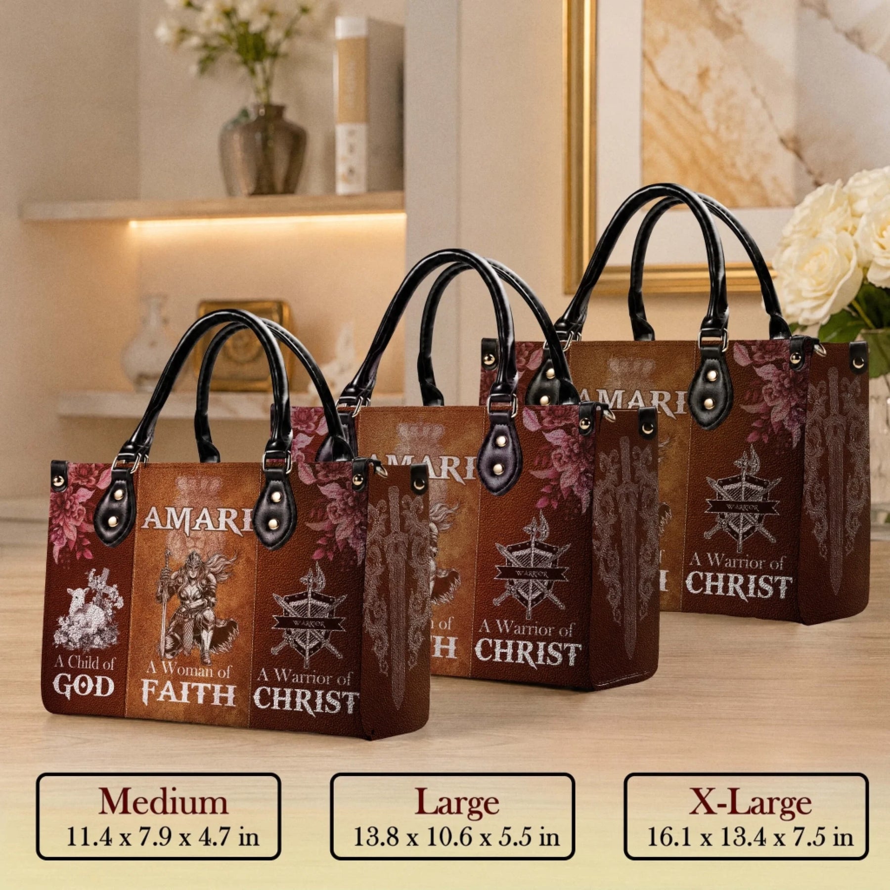 Personalized Amari handbag featuring a warrior of Christ theme with a cross, lamb, and armor design for religious gifts.
