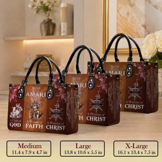 Personalized Amari handbag featuring a warrior of Christ theme with a cross, lamb, and armor design for religious gifts.