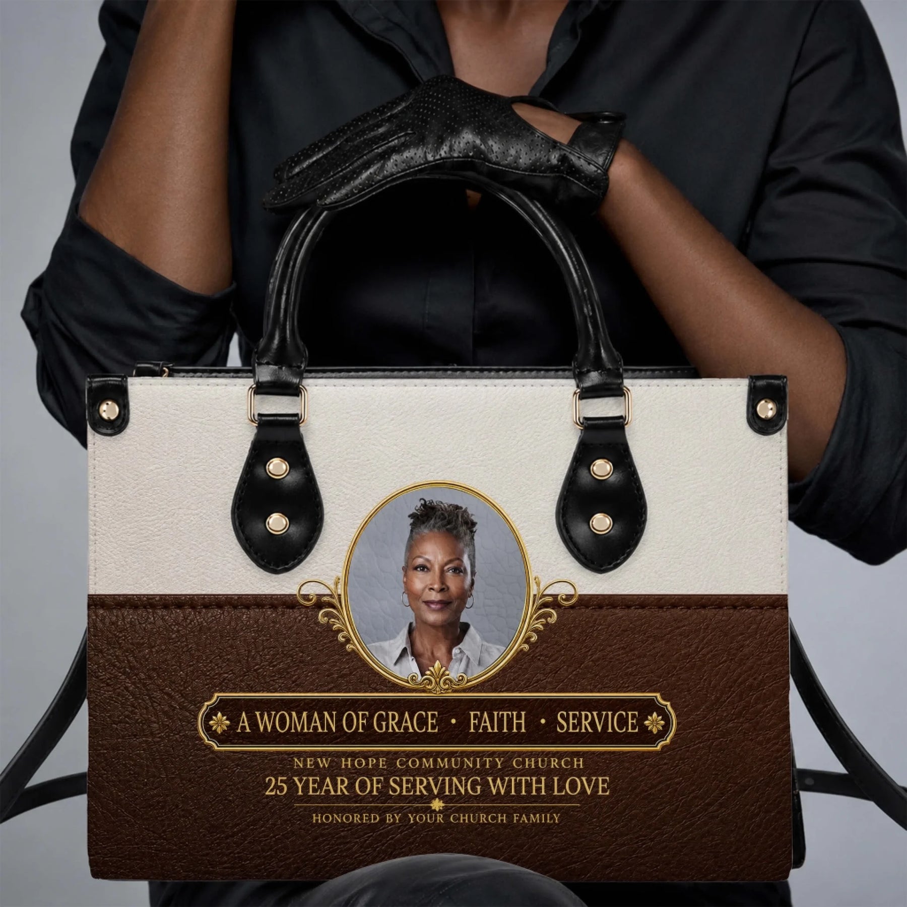 Custom handbag featuring a woman's photo and church service anniversary text as a commemorative ministry gift.