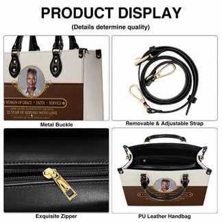 Custom PU leather handbag featuring a portrait photo and a woman of grace faith and service message for church honors.