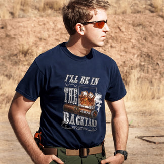 Custom cigar and whiskey graphic t-shirt for men featuring the backyard design, a perfect gift for cigar lovers.